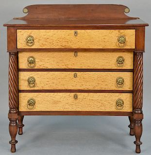 Sheraton mahogany chest with birdseye maple drawer fronts flanked by rope turned columns, all set on turned legs, circa 1840.