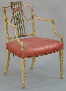 Federal paint decorated armchair having drape design back with original paint decorated arms, legs, and back, circa 1790. 
(s