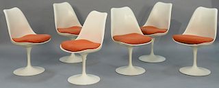 Eero Saarinen Knoll International set of six tulip chairs having enameled aluminum base and cloth seats.