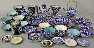 Chinese copper and enameled tea and coffee set consisting of three tea or coffee pots, stemmed cups, four nut dishes, soup sp