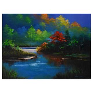 Richard Leung, "Autumn Lake" Original Oil Painting on Canvas, Hand Signed with Letter of Authenticity.