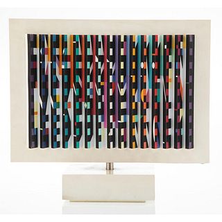 Yaacov Agam- Double sided Agamograph on wove paper, acrylic, and enameled aluminum "Spinning Polymorph Kinetic Sculpture"