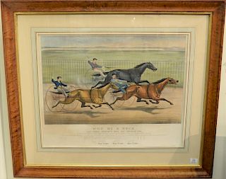 Currier & Ives  large folio hand colored lithograph  "Won by a Neck"  after J. Cameron  marked lower left: Lith of Currier & 