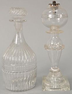 Two piece lot to include hand blown brandy carafe with stopper and a Thomas Caines type sandwich glass whale oil lamp 19th ce