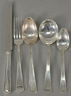 Sterling silver flatware set monogrammed, 107 pieces to include 27 dinner/lunch forks, 10 table spoons, 12 soup spoons, 32 te