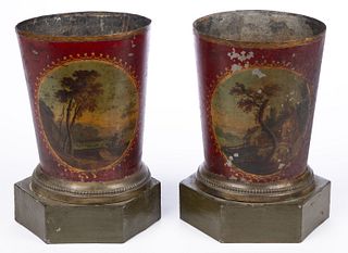 FRENCH PAINTED TOLEWARE PAIR OF CACHE POTS