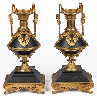FRENCH RENAISSANCE REVIVAL DORE BRONZE AND SLATE PAIR OF GARNITURES