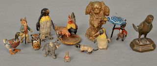 Group of twelve eleven miniature bronze animals to include two Austrian dogs, two cold painted fox, elephant, two cold painte