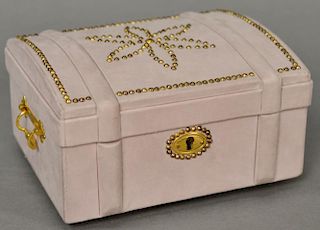 Hermes Paris jewelry box having brass tac dome top wrapped in light purple suede, interior having silk tray over tufted inter