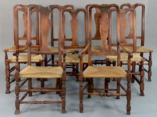 Assembled set of nine Queen Anne chairs with rush seats including seven side chairs and two armchairs, all with turned stretc