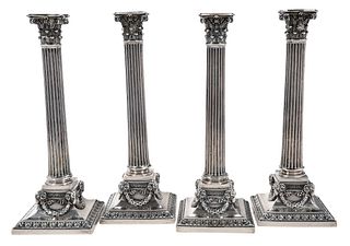 Set of Four Victorian English Silver Corinthian Column Candlesticks