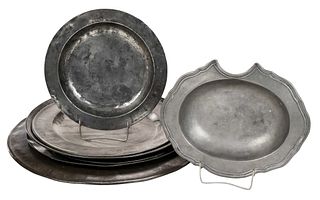 Seven Pewter Chargers and One Barber Bowl