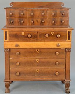 Empire mahogany and birdseye maple chest having stacked double drawer top over two short drawers with heart inlays over birds