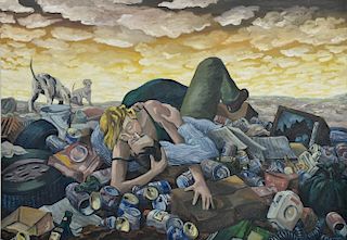 Jerry C. Smith (20th century) 
oil on canvas 
Kissing at the Dump 
signed lower left: J. C. Smith 
60" x 84 1/4"
