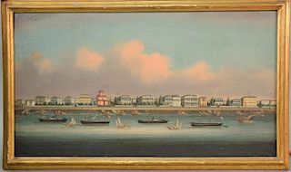 Chinese School, 19th Century 
oil on paper mounted on canvas 
The Bund of Shanghai 
depicting a detailed view of the Western 