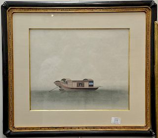 Tingqua Studio 
gouache on paper 
Chinese Export Painting of a Barge or Houseboat 
sight size 13 1/4" x 16 1/4" 
Provenance: 