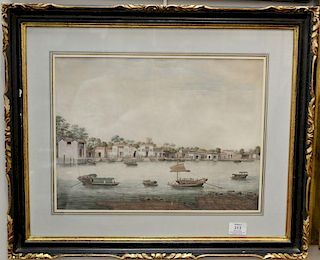 Tingqua Studio, mid-19th century 
gouache on paper 
China trade view of Canton Waterfront with Barges and Junks 
sight size 1