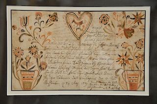 Fraktur, Henry Haver the Elder, written on May 8, 1779, 18th/19th century. 
sight size 7 3/4" x 12 1/2"