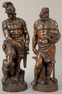 Pair of carved walnut Greek warriors, possibly black forest, 19th century.  height 19 3/4 inches
