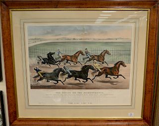 Currier & Ives  large folio hand colored lithograph  "The Brush on the Home Stretch"  after J. Cameron  Horse Race on Brookl.