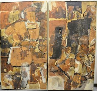 Hilda O'Connell 
mixed media collage 
two part large abstraction of figures 
signed lower left: H. O'Connell 65 
92" x 48"