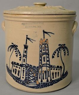 Stoneware five gallon double handle New York crock having impressed mark of A. O. Whittemore Havana N.Y., cobalt decorated wi