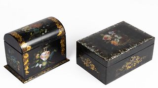 VICTORIAN DECORATED BLACK LACQUER BOXES, LOT OF TWO