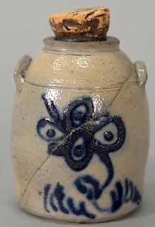 Miniature stoneware crock with cobalt blue floral decoration.  (crack and repaired)  height 3 1/2 inches  Provenance: Estate 