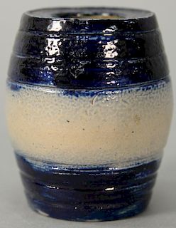 Miniature stoneware runlet with cobalt blue top and bottom, keg form.  height 3 inches  Provenance: Estate of Dr. Steve Leder