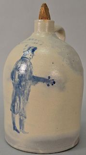 Stoneware jug with cobalt blue man having top hat and banjo, marked C.S. Guy & Co.,