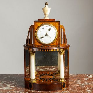 Biedermeier Mahogany, Birch, Ebony and Mother-of-Pearl Inlaid Mantel Clock