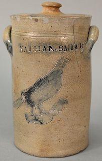 Stoneware crock with blue incised bird, Nathan Smith, N.Y. (crack and small chips) height 8 inches Provenance: Estate of D