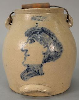 Stoneware cobalt blue decorated batter jug, 6 quart with handle and spout having cobalt blue slip bust portrait of a man, swi