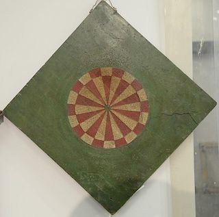 Two Folk Art hand painted two sided dart game boards with inset metal edge lines, one all green with red and white center and