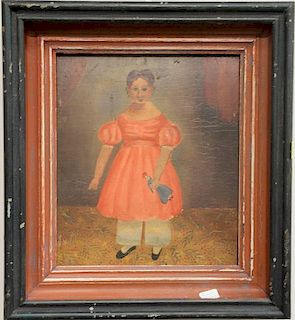 Primitive Folk Art  oil on board portrait  young girl in pink dress holding a doll  early 19th century  8 1/2" x 7 1/2"