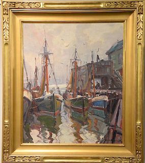 Emile Albert Gruppe (1896-1978) 
oil on canvas 
"Italian Docks" 
Gloucester Harbor with fishing schooner moored to each other