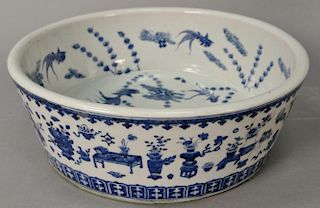 Ming style Chinese blue and white porcelain large bowl with gold fish inside and various furniture and vases outside, having 