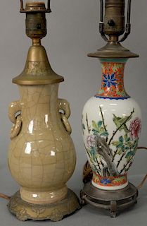 Two Chinese porcelain vases to include a small famille rose baluster form vase with hand painted flowers (drilled) and a crac