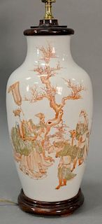 Chinese orange and gilt porcelain vase having painted scholars and landscape scene, made into a table lamp. 
height 14 1/2 in