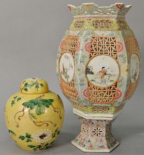 Two Chinese porcelain pieces to include large famille rose porcelain lantern having hexagon shade with reticulated panels (re