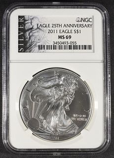 2011 25TH ANNIVERSARY SILVER EAGLE, NGC MS-69