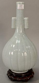 Large Chinese crackle glazed vase, celedon green glaze with bottle form body and long slender neck mounted with tube handles,