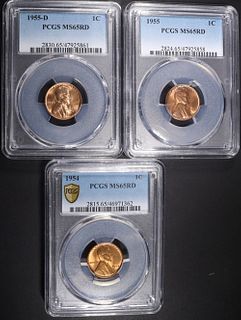 1954, 1955-P,D LINCOLN CENTS PCGS MS-65 RD