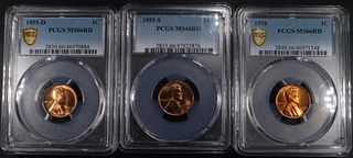 1955-D,S & 1958 LINCOLN CENTS PCGS MS-66 RD