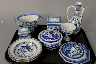 Ten Chinese export blue and white Canton porcelain pieces to include two square tea boxes, ewer, pair of glazed dishes, round