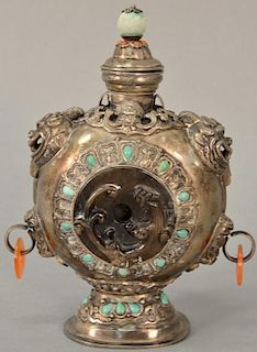 Chinese silver covered vase in a flattened circular form with wood finial, red coral and turquoise small stones accenting the