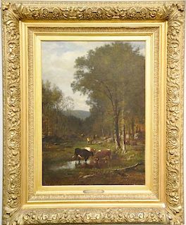 James McDougal Hart (1828-1901) 
oil on canvas 
Cows in a Country Landscape 
signed and dated lower left: James M. Hart 87 
2