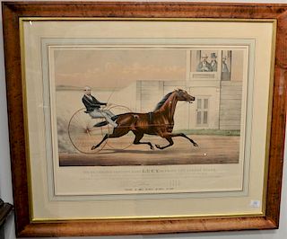Currier & Ives  large folio hand colored lithograph  "The Celebrated Trotting Mare Lucy, Passing the Judges Stand"  marked lo