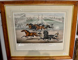Currier & Ives  large folio hand colored lithograph  "Scoring, - Coming up for the Word"  Little Fred, Needle Gun, Jessie Wal