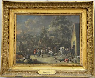 Teniers  oil on canvas  Banditti Sacking a Town  signed lower right: Teniers  marked on reverse: The Studio Pictures by "Ten.